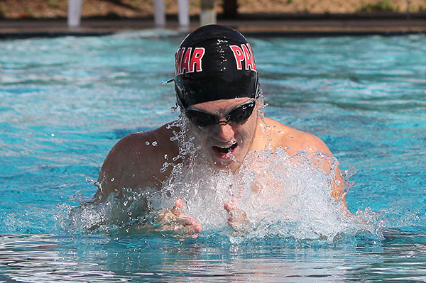A male Palomar swimmer swims in the pool breaststroke style.