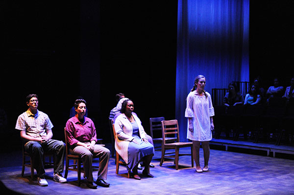 Palomar students, Liam Sullivan, Frida Villeda, Monique Barbour, and Delaney Dietrich, at final dress rehearsal for upcoming school production “Our Town” at the Palomar studio Theatre on Oct. 6. Idmantzi Torres/ The Telescope.