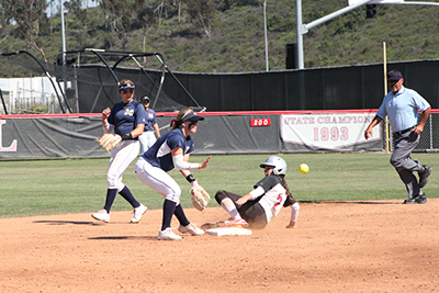 Palomar second base Bailey Romano (#7) with a steal and slide to second in the second inning of the April 21 game vs. San Diego Mesa. Palomar won 8-0.