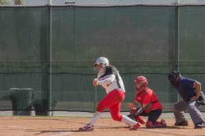 Palomar College Comets right field utility player, Tiare Paopao, hits a double during the Comets game against the Mt. San Jacinto Eagles on March 24, 2017 at Palomar College. Paopao went 3 for 4 and contributed one RBI during the game, which the Comets won 13-2. Kathleen Coogan/The Telescope.