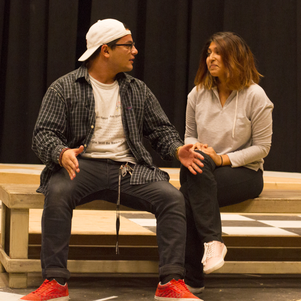 Palomar College actors Omar Fox and Neeta Lachmandas during rehearsal for the upcoming production Rhinoceros, Nov. 8, 2107 in the Studio Theater. (Savhanna Vargas/The Telescope)