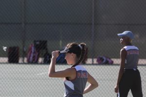 Comet’s tennis players Summer Aguirre(left) and Brianna Wood (right) during a match on Feb. 15. Aubree Wiedmaier/The Telescope