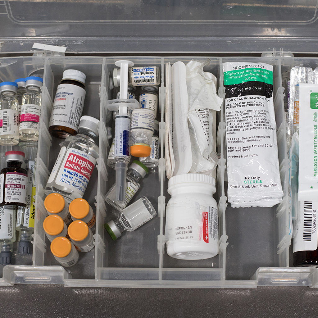 Medications ready for use in a medical emergency. Feb 25, 2018. (Andrew Meer/The Telescope)