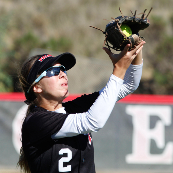 Palomar left fielder, Kylie Pignone, catches a rountine fly ball during the 5th inning of the Comets game against Fullerton on Feb. 16. Amanda Raines/The Telescope