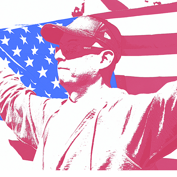 Photo illustration of a man holding an American flag spread out behind him.