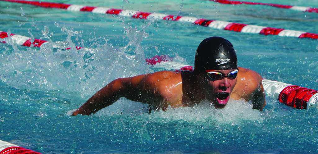 A male Palomar swimmer does the butterfly stroke in a pool.