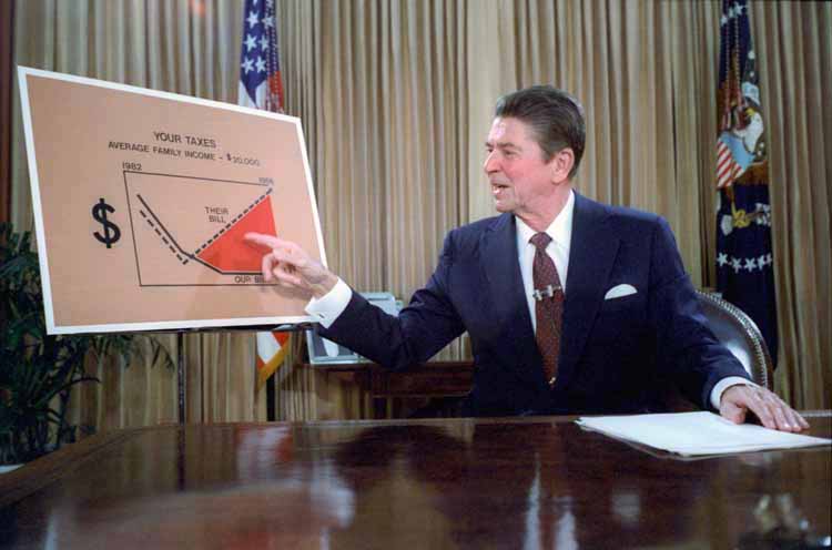 Reagan gives a televised address from the Oval Office, outlining his plan for tax reductions in July 1981. (Series: Reagan White House Photographs, 1/20/1981 - 1/20/1989)