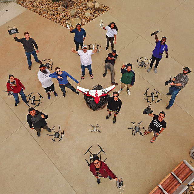 Professor Mark Bealo and the GCIP 168 Digital Imaging class practice Flying drones. (Photo courtesy of Neil McDowell-Horn)