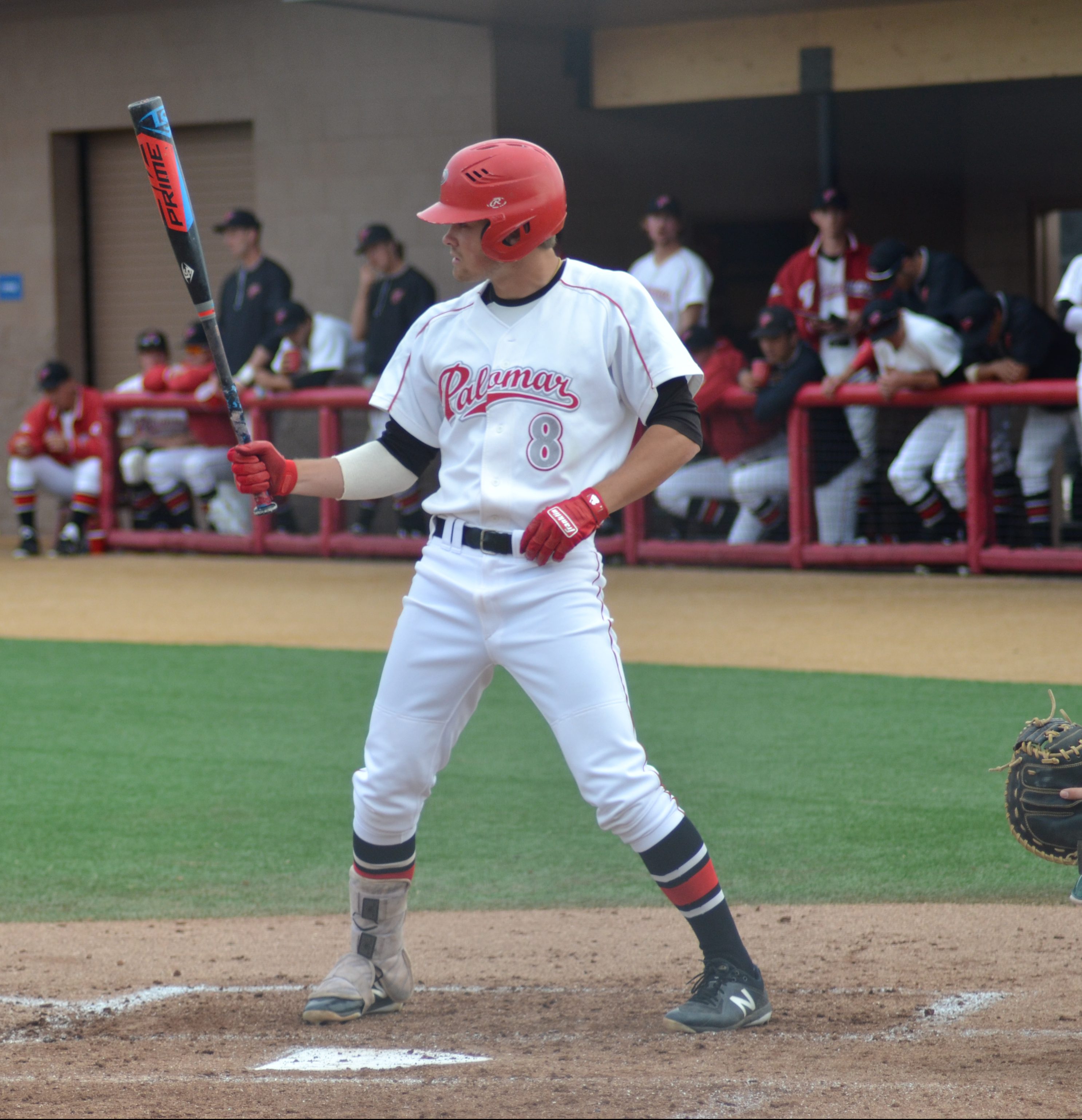 A male Palomar baseball player in a white jersey and pants holds a bat in his right hand as he looks at it. More than a dozen of his teammates watch on from the dugout.