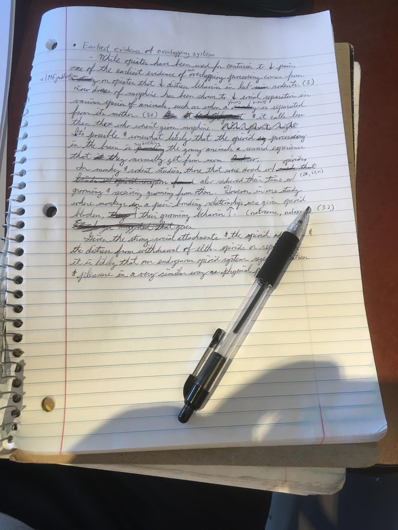 A black pen lies on a notebook with cursive writing.