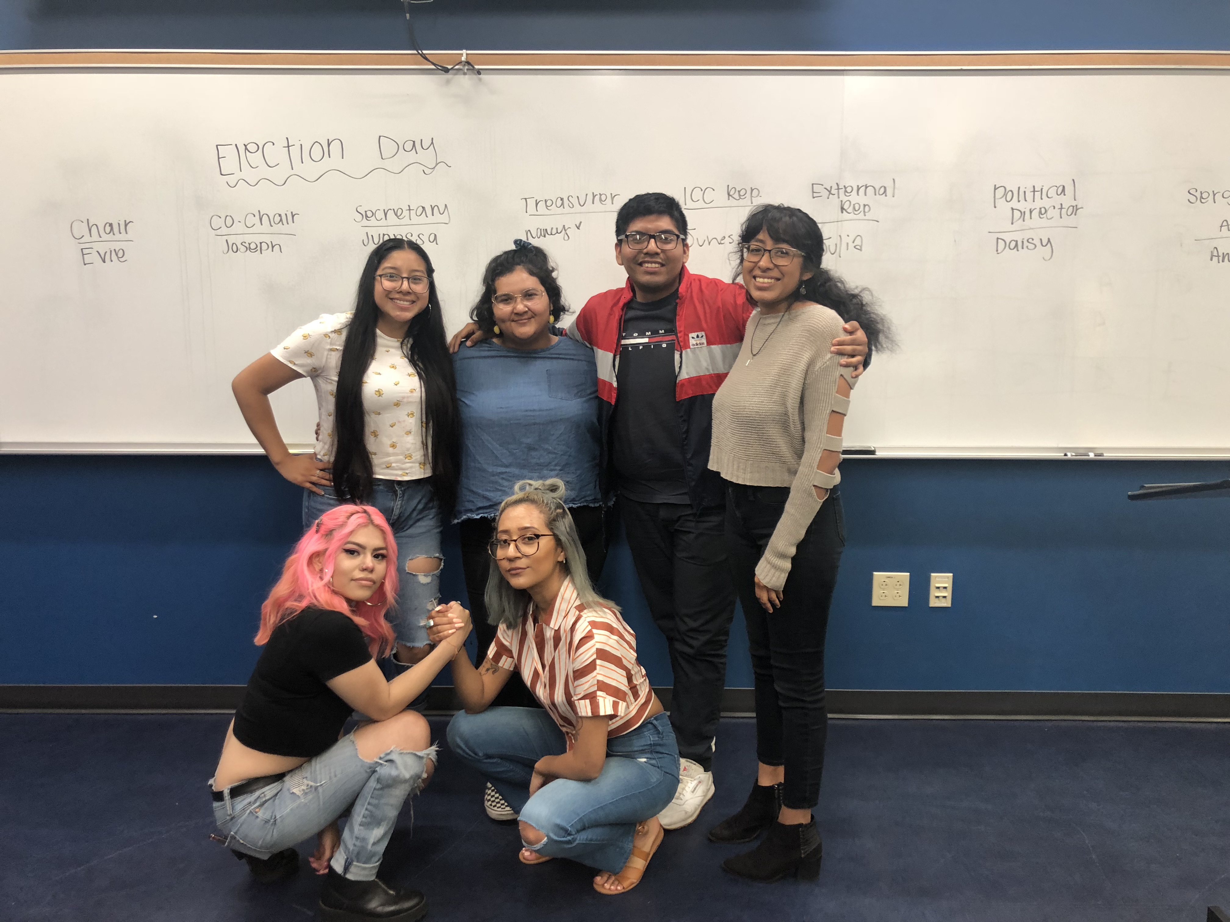 MEChA held club elections on May 14, 2019. Standing (from left to right): Nancy Morales, Daisy Zavala, Joseph Atemoa, and Junessa Reyes. Kneeling (from left to right): Ana Juarez and Evie Rivera. (Photo courtesy of Nancy Morales)
