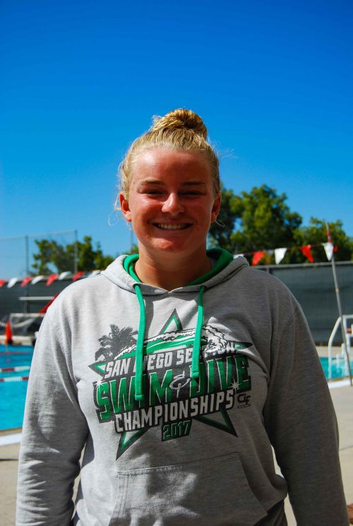 Palomar water polo player Haley Balch stands and smiles, wearing a gray hoodie with "SWIM & DIVE CHAMPIONSHIPS 2017" in the front.