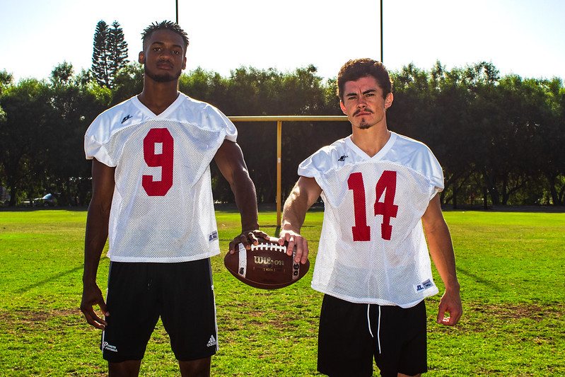 Palomar Football’s wide receiver Kyran Griffin and Johnny Armentrout pose for a portrait after practice. (Kevin Mijares/The Telescope)