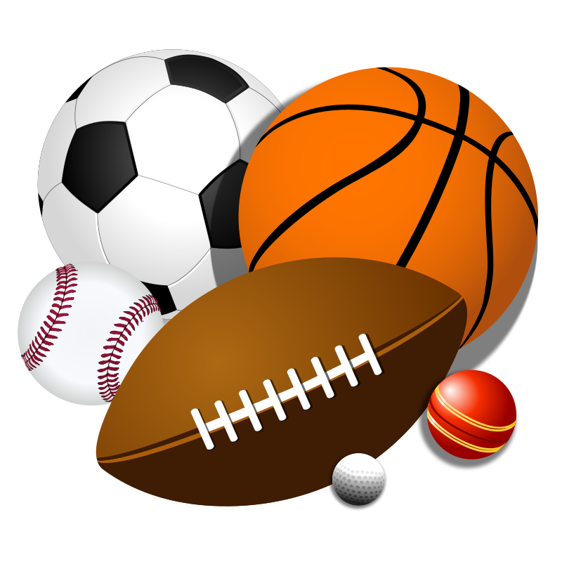 Illustration of a football, basketball, soccer ball, baseball, golf ball, and a red ball grouped together as a clip art.