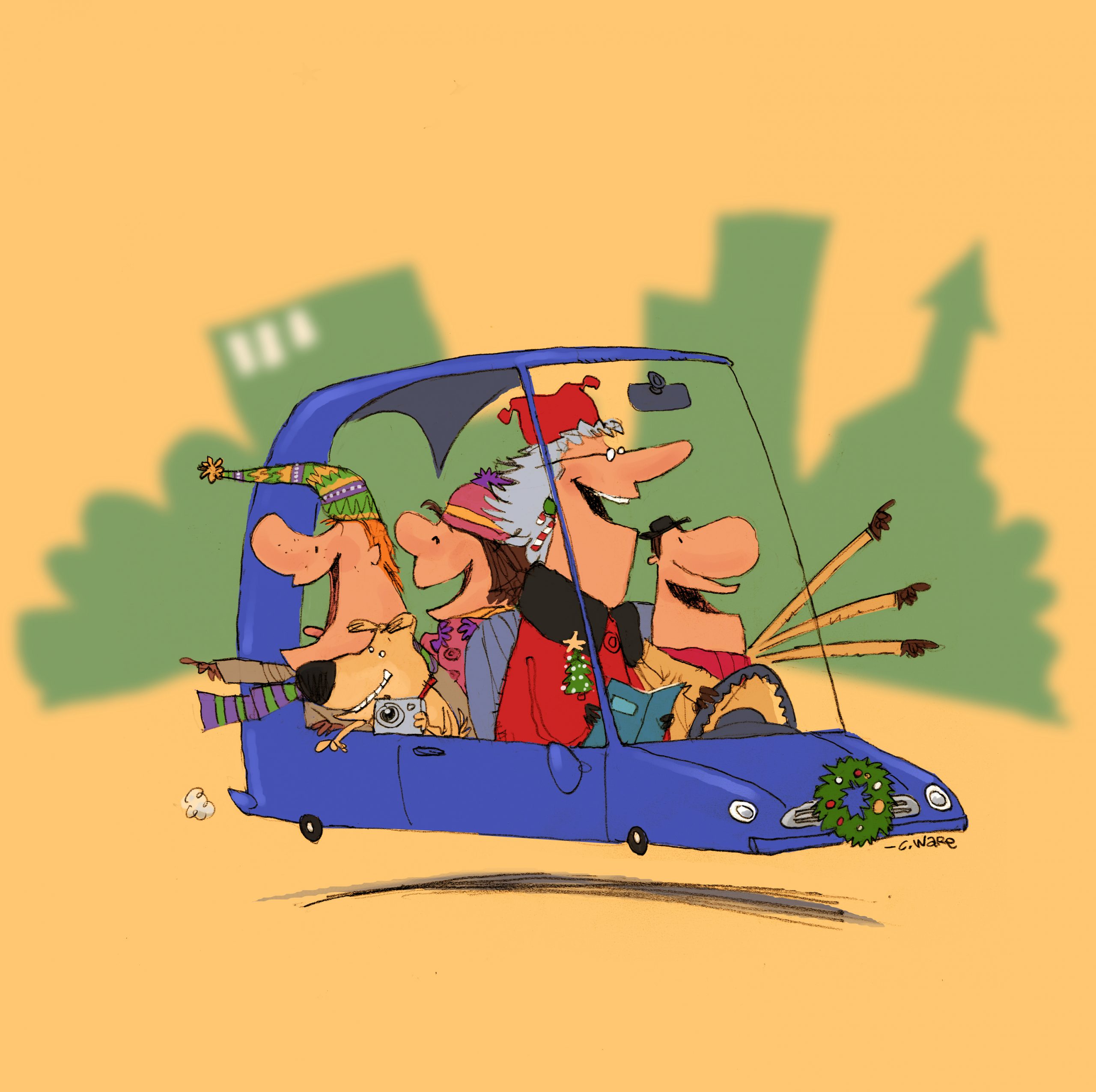 Cartoon of four people and a dog inside a blue car with tiny wheels, which looks like its floating. Two people are pointing and they are all smiling. The dog holds a camera.