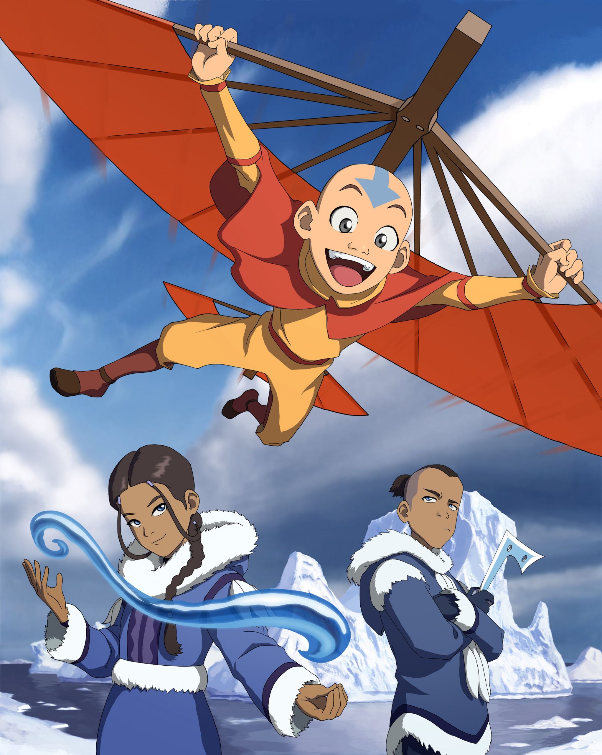 Cartoon of a young boy with a bald head and a blue arrow tattoo on top of his head flying in a wooden winged contraption. Below him are two older kids wearing a dark blue and white coat. The girl on the left extends her hands to her sides with her palms up. A long, smooth, curvy shape floats in front of her with each end above her hands. The boy folds his hands across his chest, holding a small axe or an ice pick. Several icebergs float in the background.