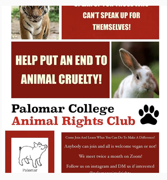 The Animal Rights Club stands up for the animals that can't speak for themselves. They discuss issues in how we can help animals and even help our environment. Image courtesy of Palomar College Animal Rights Club