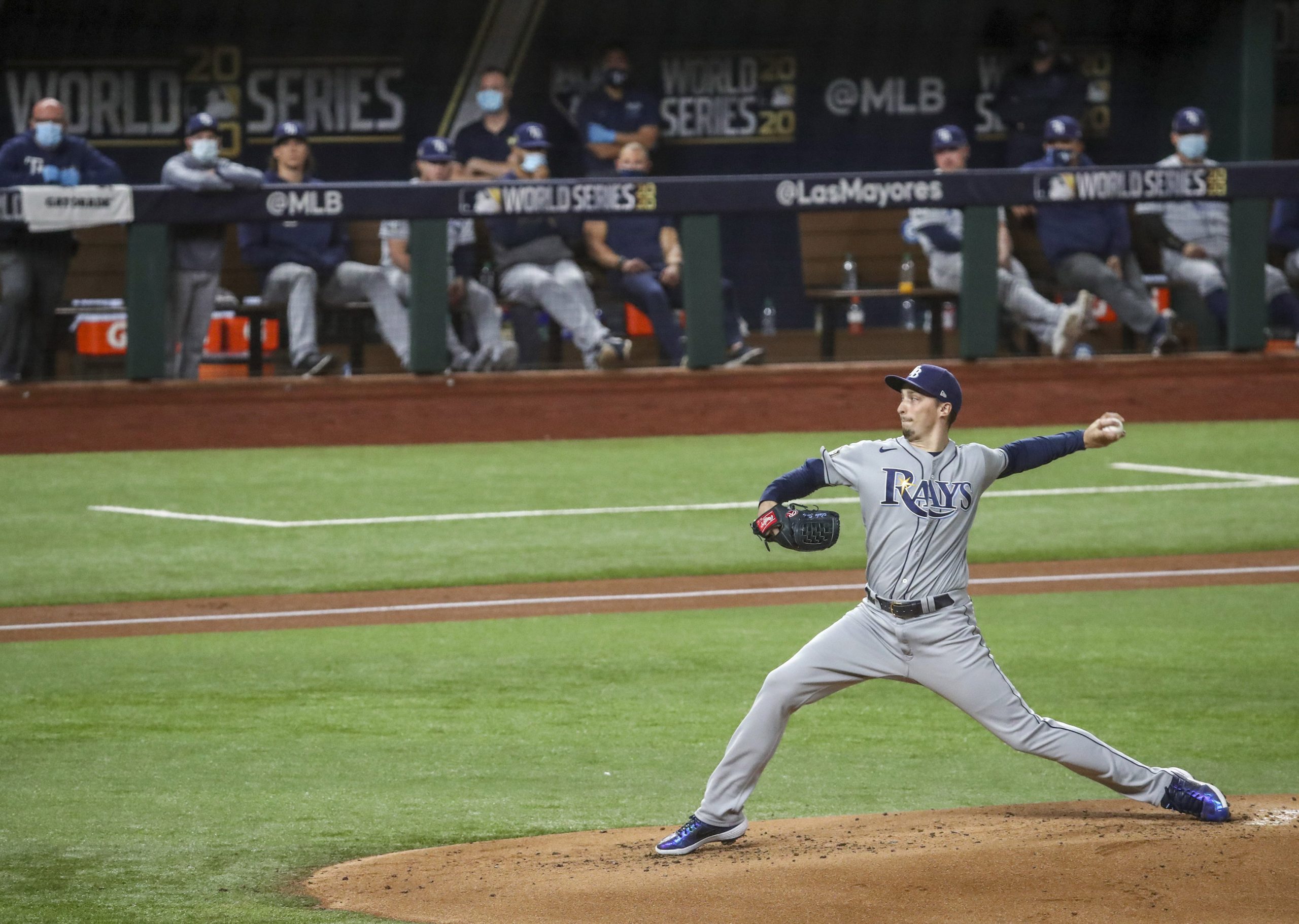 Tampa Bay Rays starting pitcher Blake Snell throws in the first inning against the Los Angeles Dodgers in Game 6 of the World Series at Globe Life Field in Arlington, Texas, on Tuesday, Oct. 27, 2020. The Dodgers won, 3-1, to clinch the series. (Dirk Shadd/Tampa Bay Times/TNS)