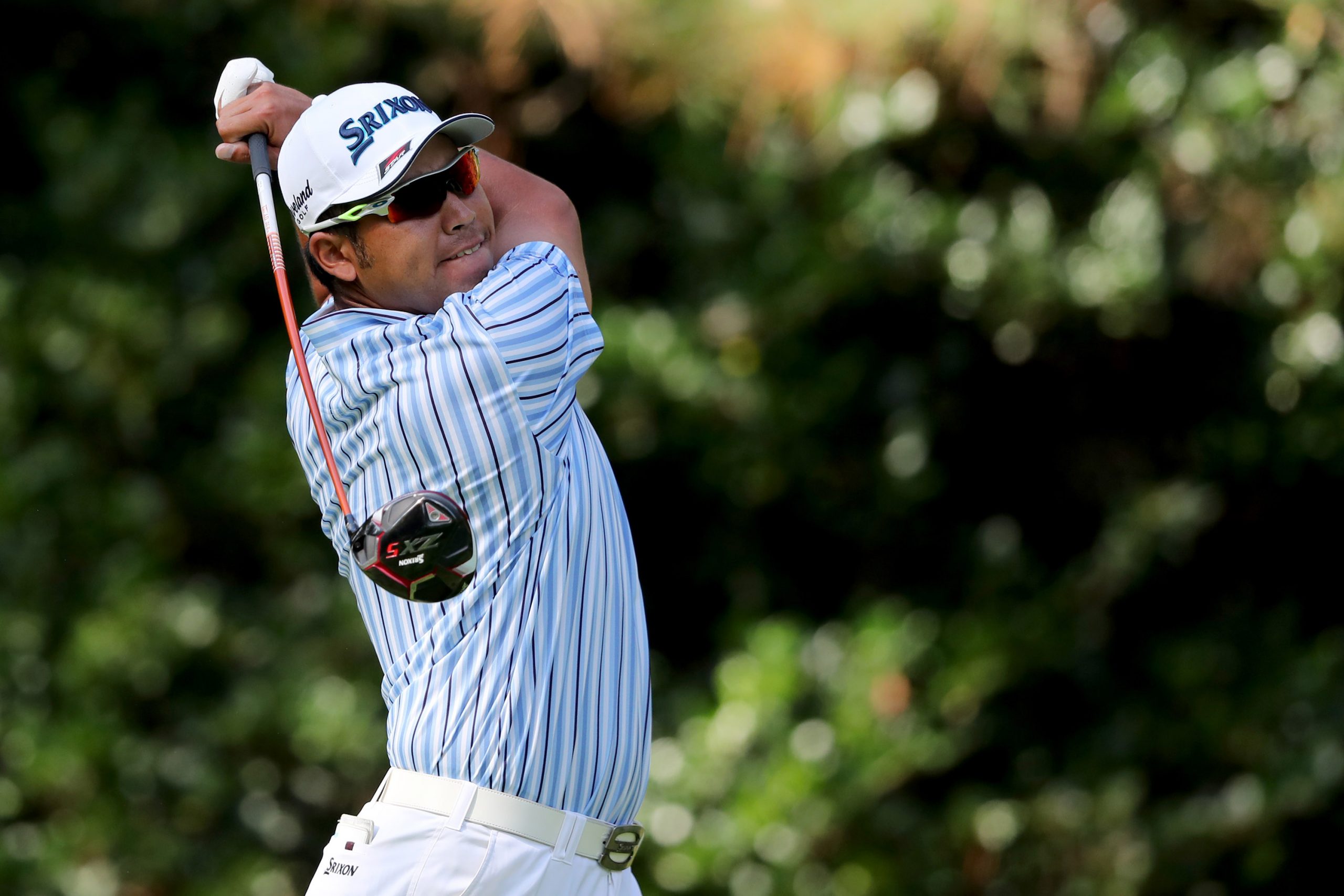 Hideki Matsuyama hits from the 7th tee during the third round of the Masters at Augusta National Golf Club on Saturday, Nov. 14, 2020, in Augusta, Georgia. (Curtis Compton/Atlanta Journal-Constitution/TNS)