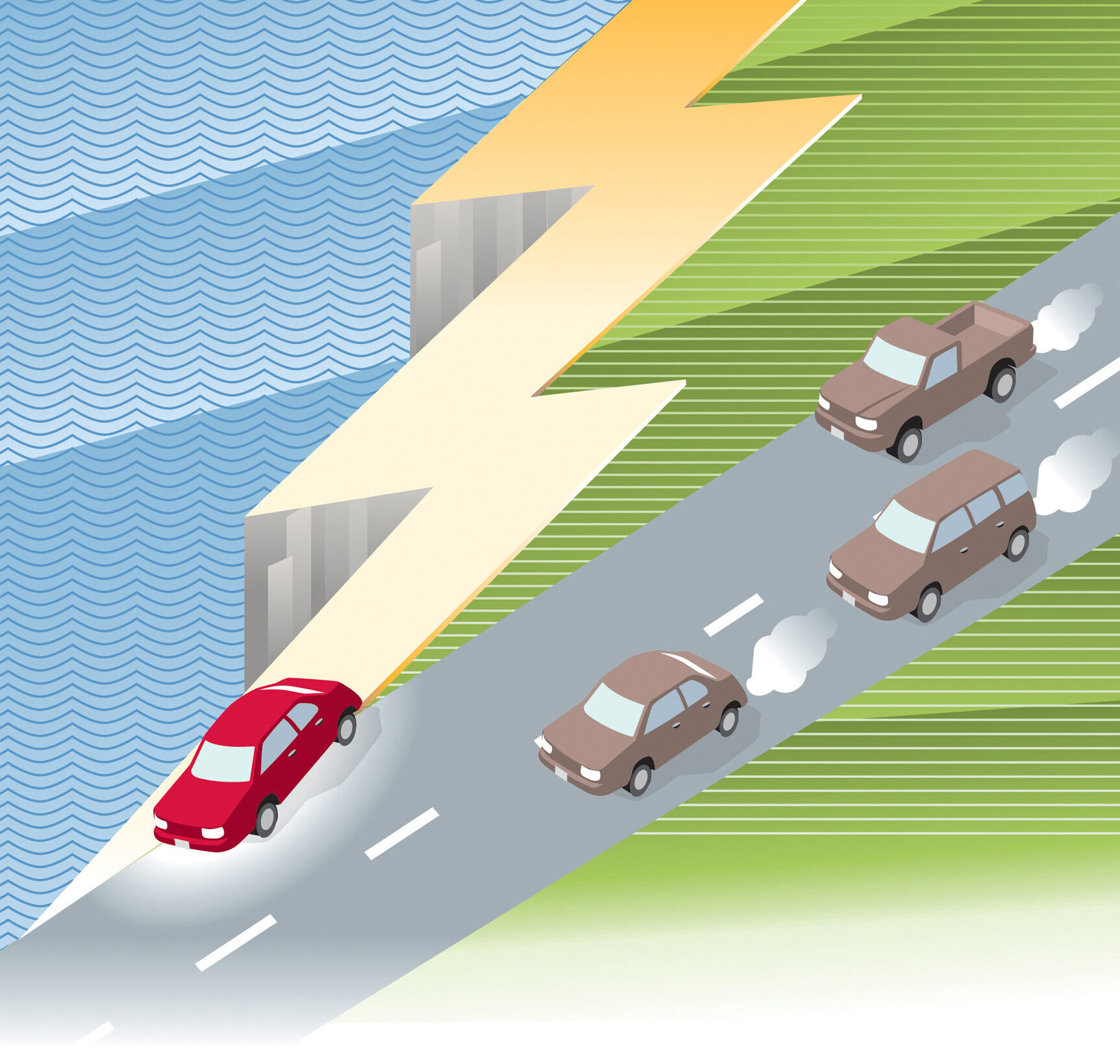 Illustration of electric car passing gas cars