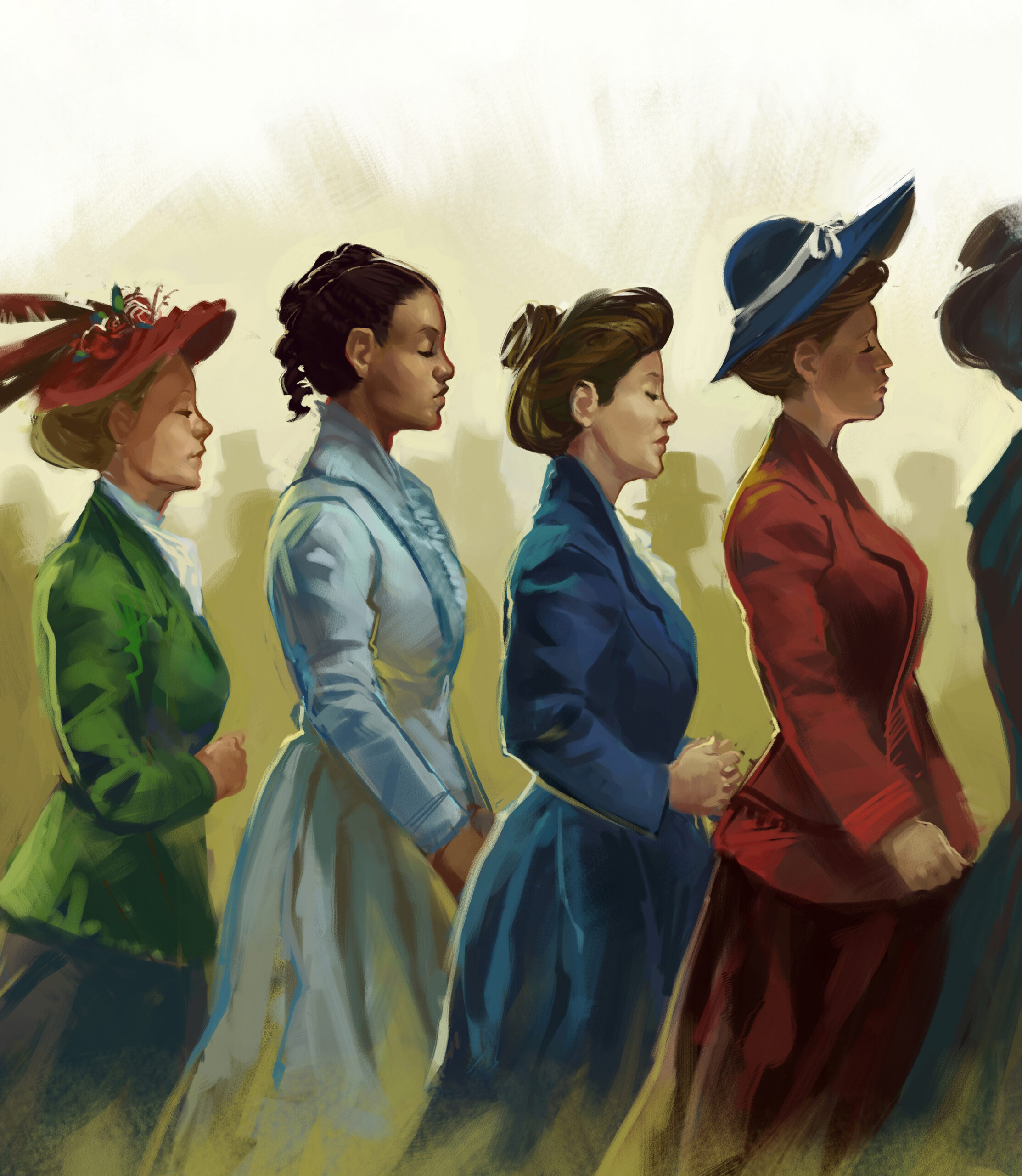 Illustration of four women standing a line in a profile, wearing dresses from the 1900s to 1910s.