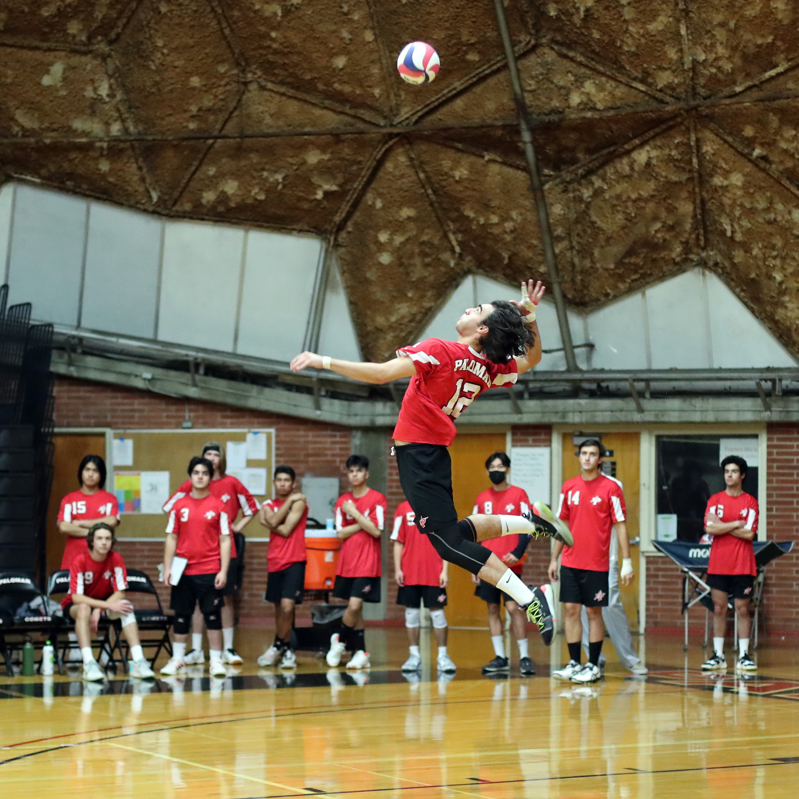A male Palomar volleyball player leaps in the air and prepares to spike a volleyball. His teammates in the background watches him.