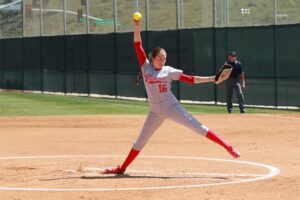 Palomar College softball player India Caldwell (#16) pitching against Southwestern College in a recent win on March 17, 2022. (Giovanni Vallido/The Telescope)