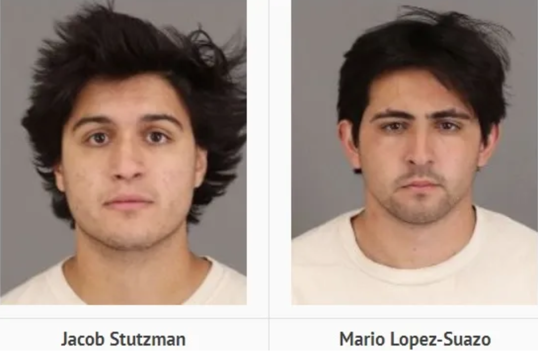 Two mugshots of two young men with dark hair and a white T-shirt.