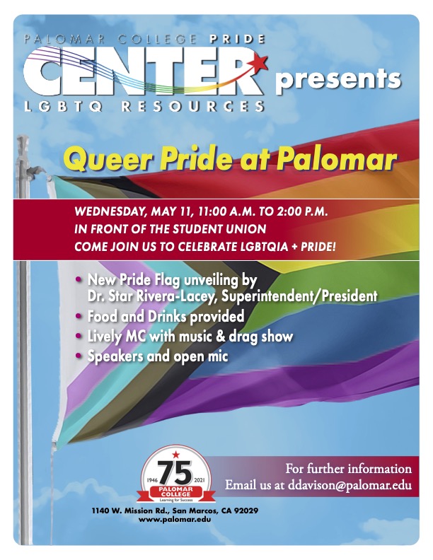 Poster of Queer Pride at Palomar with a pride flag behind the title and text.