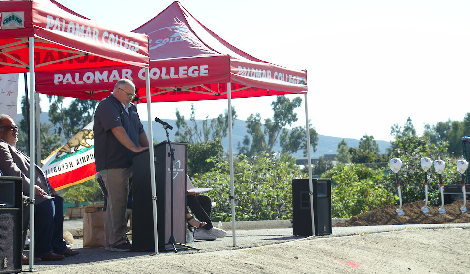 Palomar College Athletics Director Dan Lynds addresses the Palomar Community at the Groundbreaking Ceremony held on campus in San Marcos, Calif. on Oct. 18, 2022.
