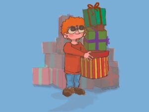 An illustration of a red-headed person wearing a red shirt and smiling while holding presents. The person is also standing in front of a pile of presents with red wrapping and green ribbons.