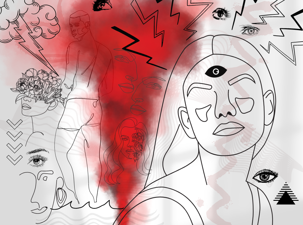 An outline of a portrait of a woman is on the right, and an outline of a man in boxer briefs is on the left with a triangular red smear dividing the two main images. Various icons scatter around the central figures.