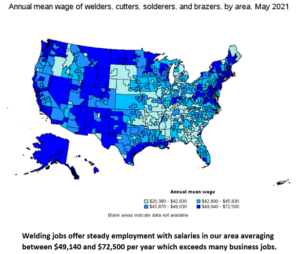 Annual mean wage of welders, cutters, solderers, and brazers by area May 2021 - Source: US Bureau of Labor Statistics