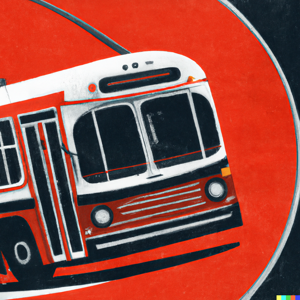 A digital art piece of a red and white bus on a red and black circle background