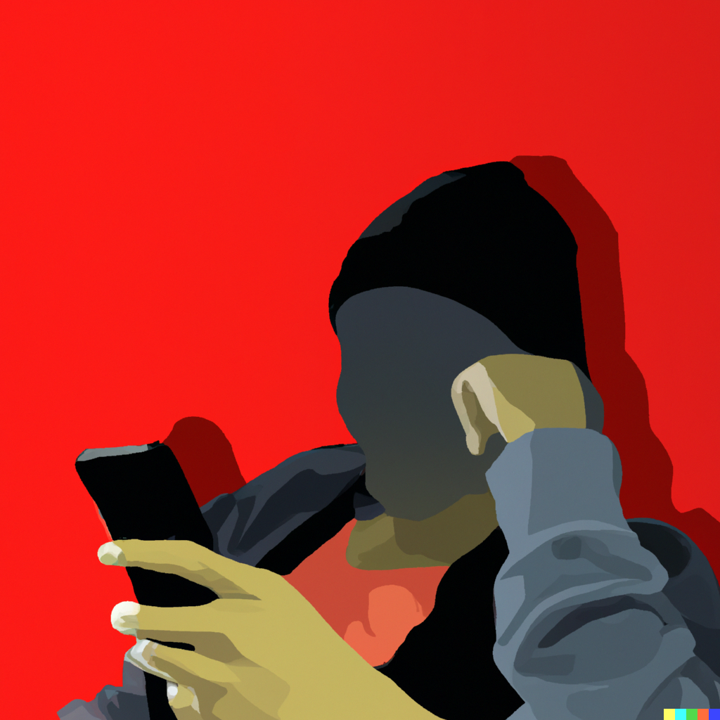 An art piece of a man with no face stares at his phone against a red background.