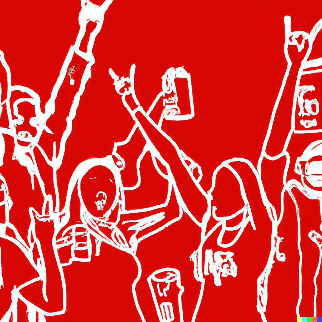 An A.I. generated digital art piece of college students drawn in white partying on a red background