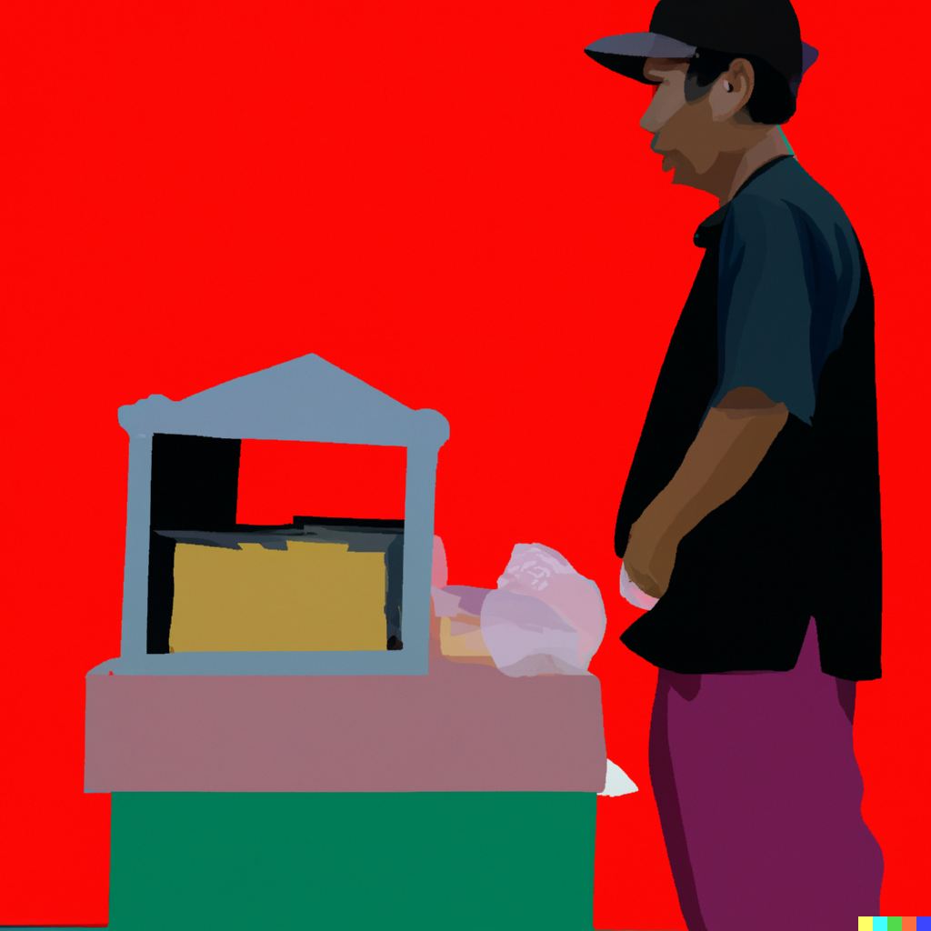 A figure of a man standing near a stack of boxes and books. A.I. generated.