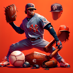A baseball player carrying a mitt and baseball with two floating heads wearing baseball caps and have no faces. A baseball and other "football-like objects" lay beneath the player. A.I. generated via hotspot.ai.