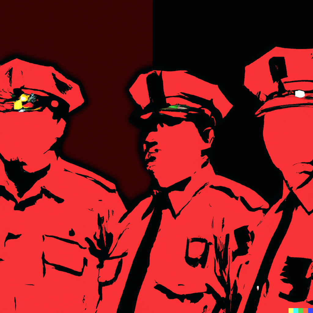 Outline sketches of three police officers in red with no faces. Generated by DALL·E 2