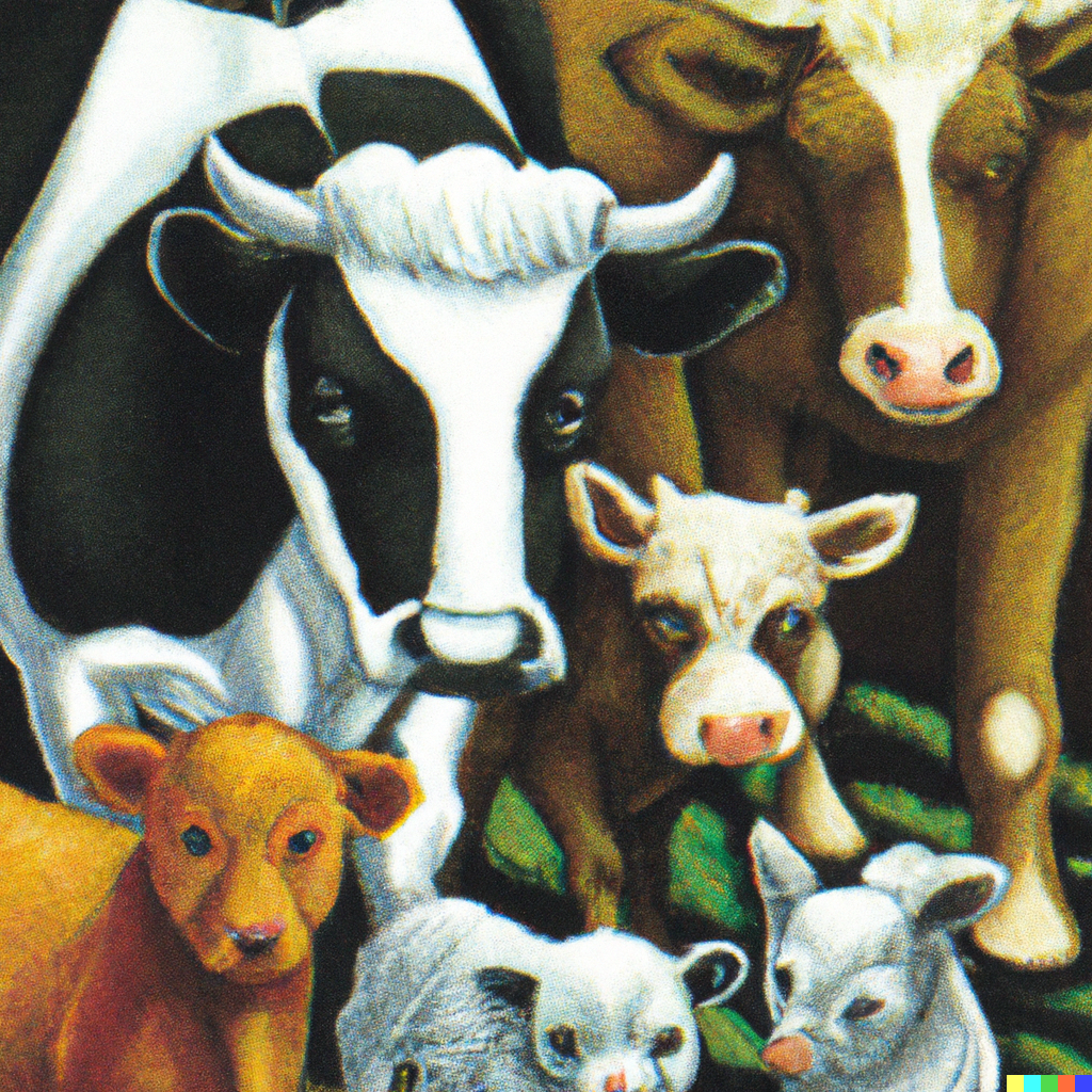 Six cows, including four calves, look toward the viewer, created by DALLE-2.