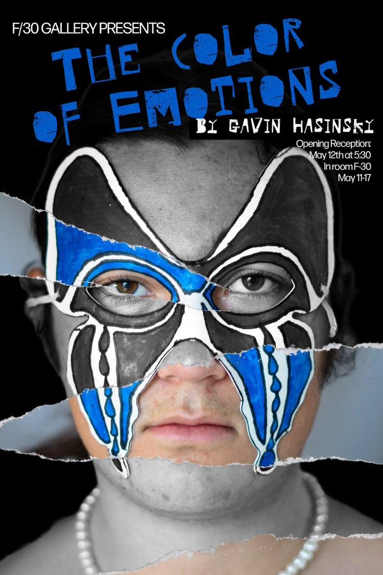 Event flyer of person with blue and white face mask