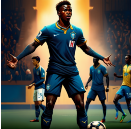A soccer player in a teal-blue jersey and shorts stands with his arms to his sides and palms facing up with a soccer ball on the turf in front of him. Three of his teammates are behind him, and behind them is a cheering (or jeering) crowd. Image created by Hotpot AI.