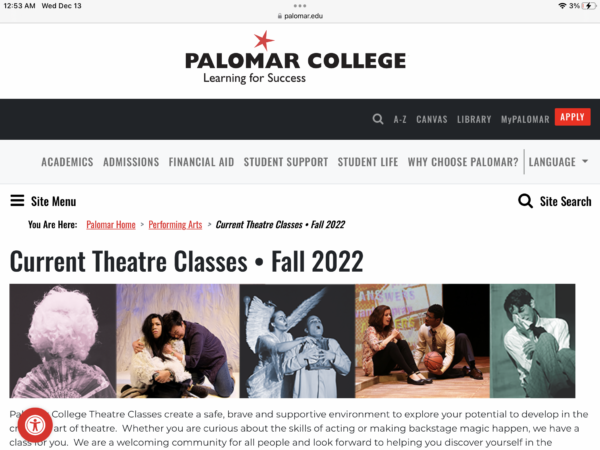 A secteen shot of the the theater departments page with course list from Fall 2022