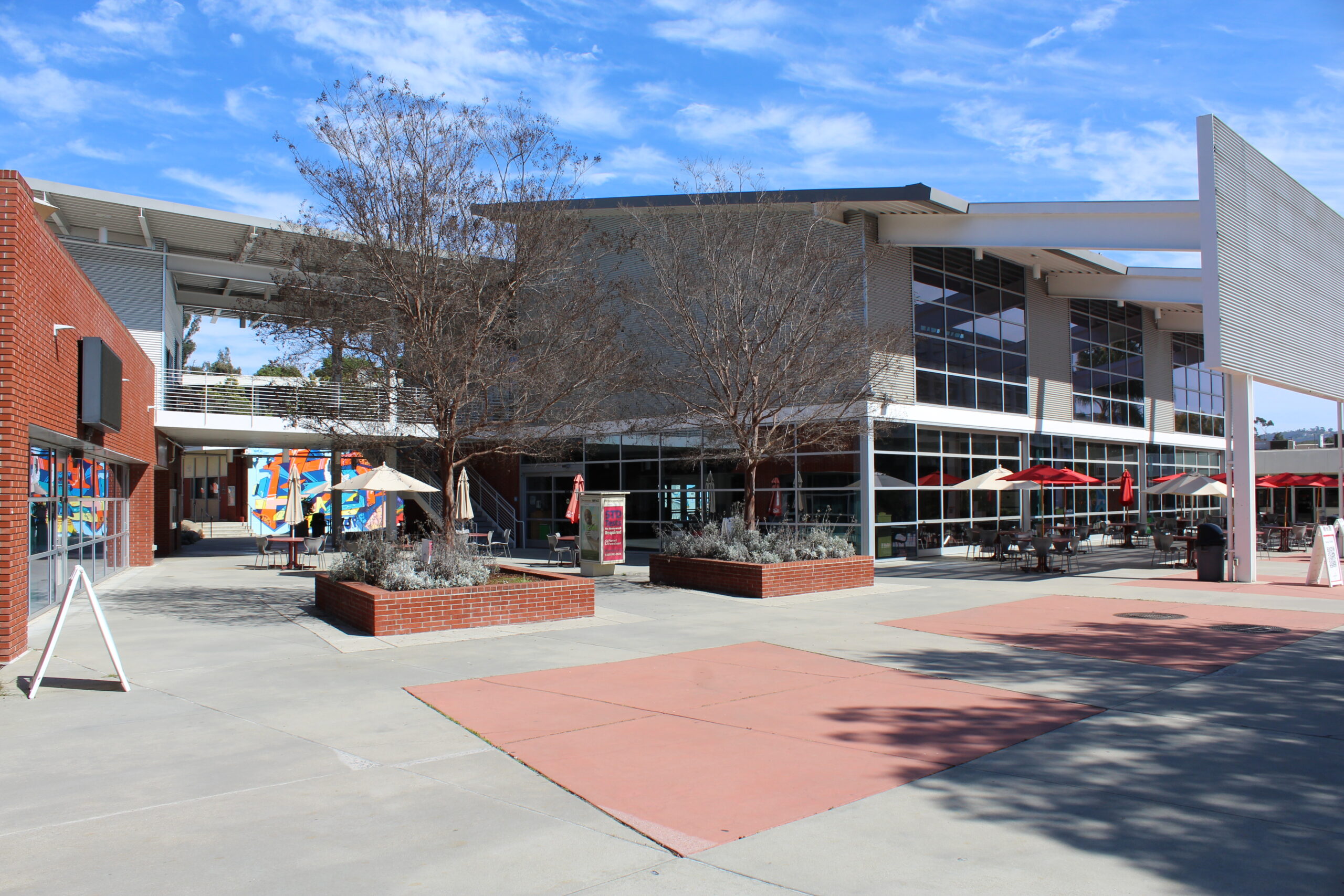 Photo of the Palomar College Student Union, taken from outside at ground level.