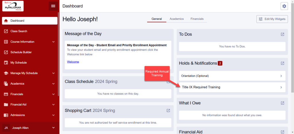 The MyPalomar Student Dashboard with an arrow pointing to a “Title IX Training Required” button under the section of “Holds & Notifications”