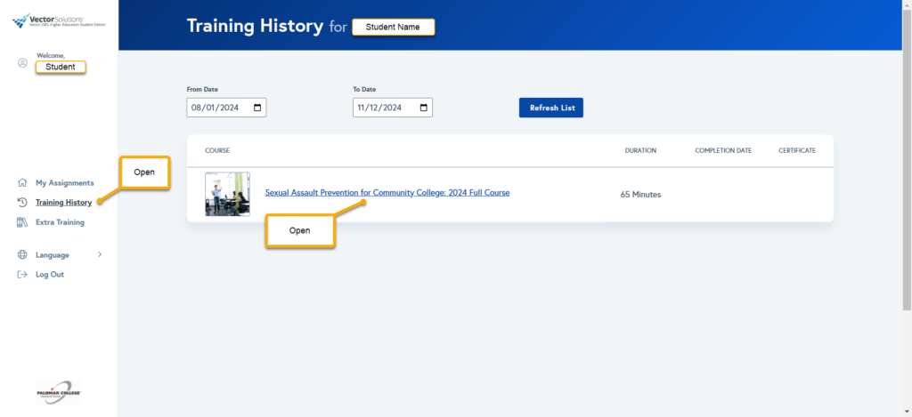 The vector solutions training screen. The screen has two boxes pointing to open the required training link titled “Sexual Assault Prevention for Community College: 2024 Full Course” in the middle of the image and a link pointing to “training History” where students can see trainings they have completed.