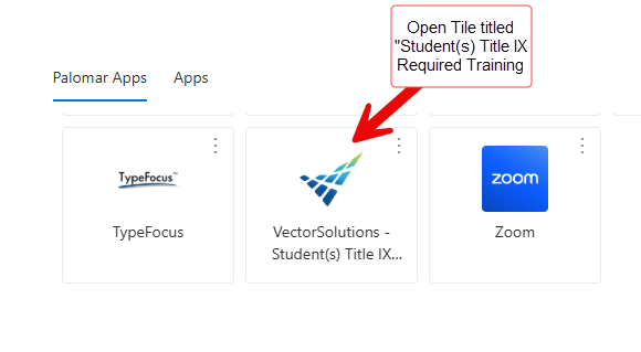 MyApps tiles with arrow pointing to Vector Solutions- Student(s) Title IX Required Training