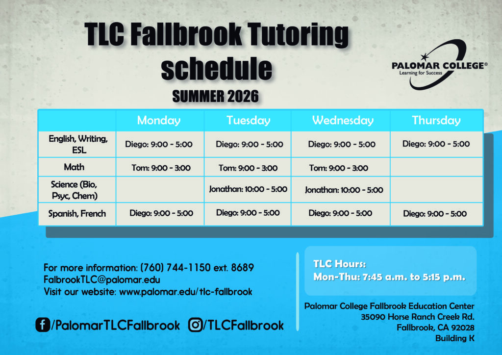 TLC Fallbrook Summer 2026 Tutoring schedule