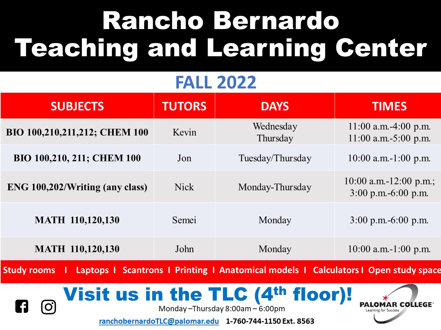 TLC Fall 2022 Tutoring Schedule - Rancho Bernardo Teaching and Learning