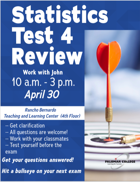 Flyer showing Statistics review in the RB TLC from 10 a.m. - 3 p.m. on April 30.
